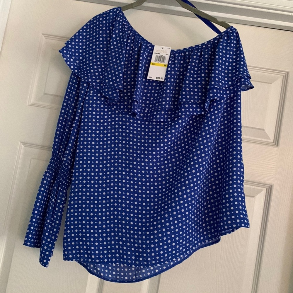 New Michael Kors Royal Blue White Dots Ruffle One Shoulder Blouse